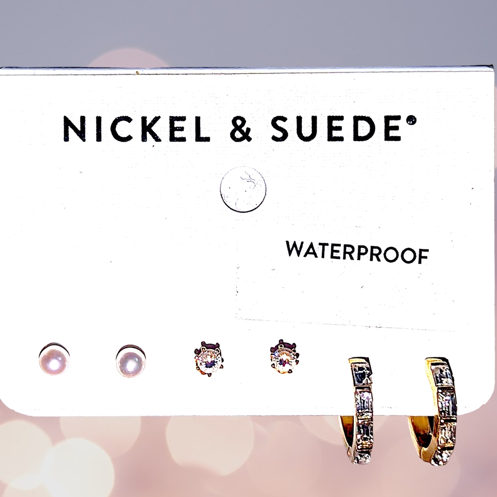 Nickel & Suede Women’s 3-Pair Earring Set — Gold and Pearl